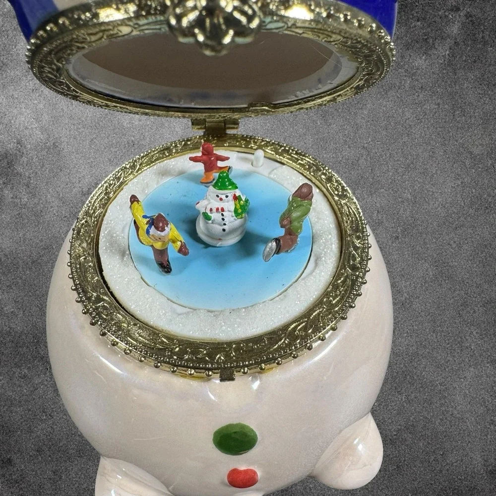 Vintage Snowman‎ Music Box Trinket Box Christmas Ornament Ceramic Decor Holiday